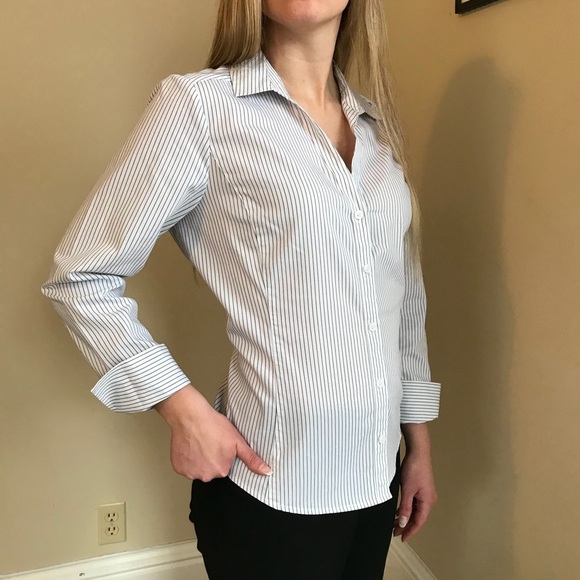 Ann Taylor Factory Fitted Pinstripe Blouse Shirt Size 10 Petite - Picture 3 of 5